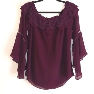WHBM "Cabernet" Crochet Trim Peasant Style Blouse in Size L (NWT)